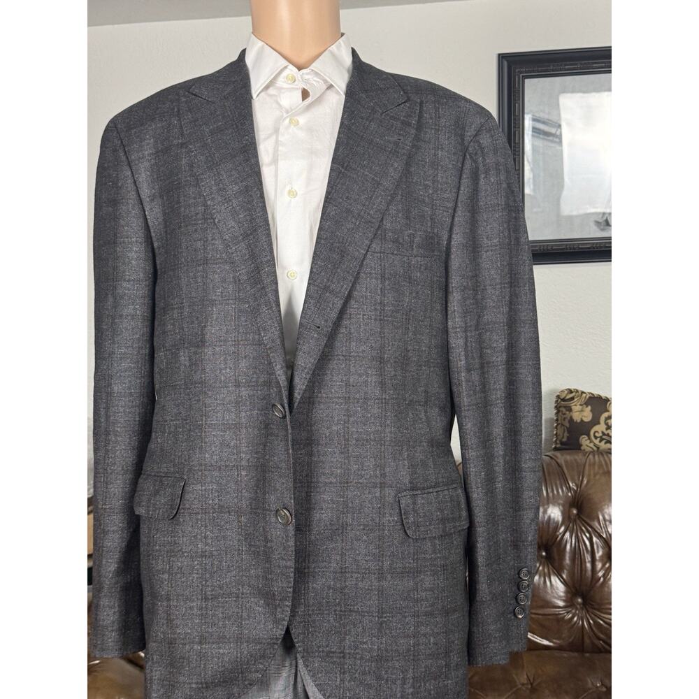 Brunello Cucinelli Wool Cashmere Charcoal Brown Windowpane IT 58/46R US Peak Lap